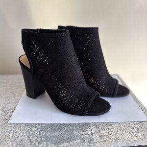 Black Faux Suede Peep-Toe Ankle Boots - Size 8